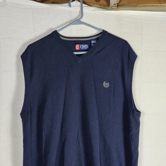 Chaps Navy Blue Grey Logo 100 Cotton V-Neck Sleeveless Sweater Vest Size XXL - Picture 3 of 16